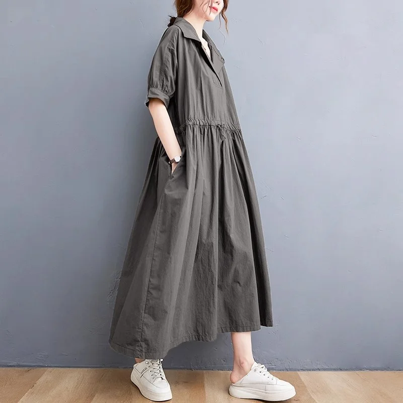 Large Size Loose Artistic Short Sleeved Dress For Women's Summer Suit Collar Design Drawstring Waist Workwear Dress Trendy W188