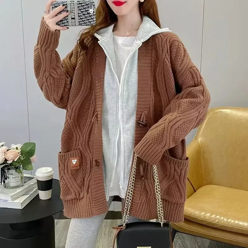 Autumn Winter Thick Warm Cardigan Sweater Women Fashion Fake Two Hooded Stitching Knitted Coats Loose Korean All Match Outwear