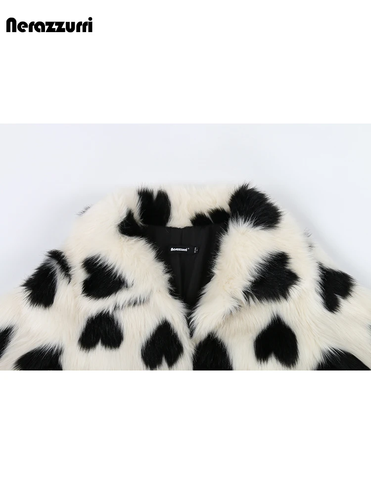 Nerazzurri Autumn Winter Luxury Long Colorful Fluffy Thick Warm Heart-shaped Print Faux Fur Coat Women A Line Furry Overcoat