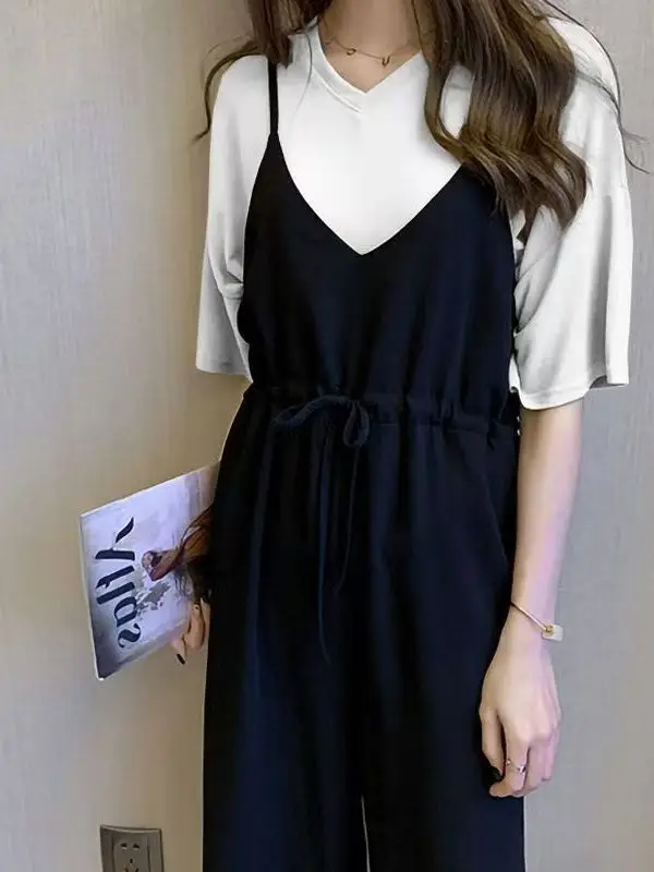 

plus Size Summer Slimming Fashionable Two-Piece Set Short Sleeve V-Neck Concealing Thin Strap Pants High Waist Casual Wear