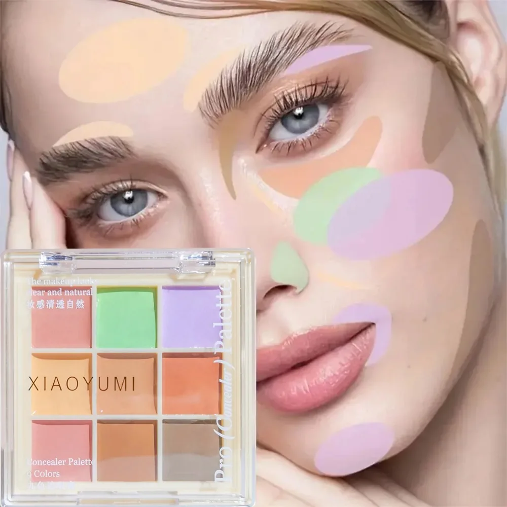 Paleta de corretivos de nove cores, corretivo à prova d'água e à prova de suor, adequado para acne, olhos escuros, creme de correção de cores