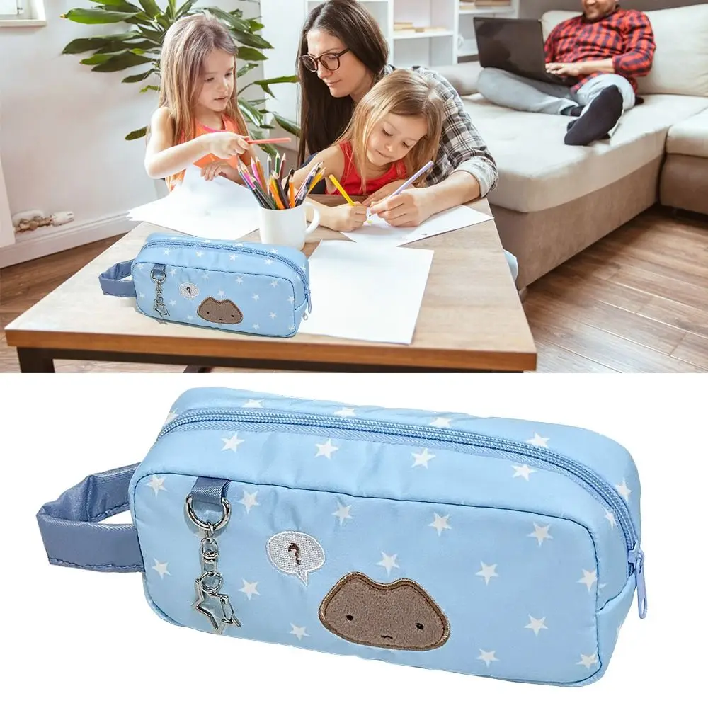 

Multifunctional Blue Pen Bag Star Cat Pattern Handheld Pencil Case Large Capacity Portable Stationery Bag School Office