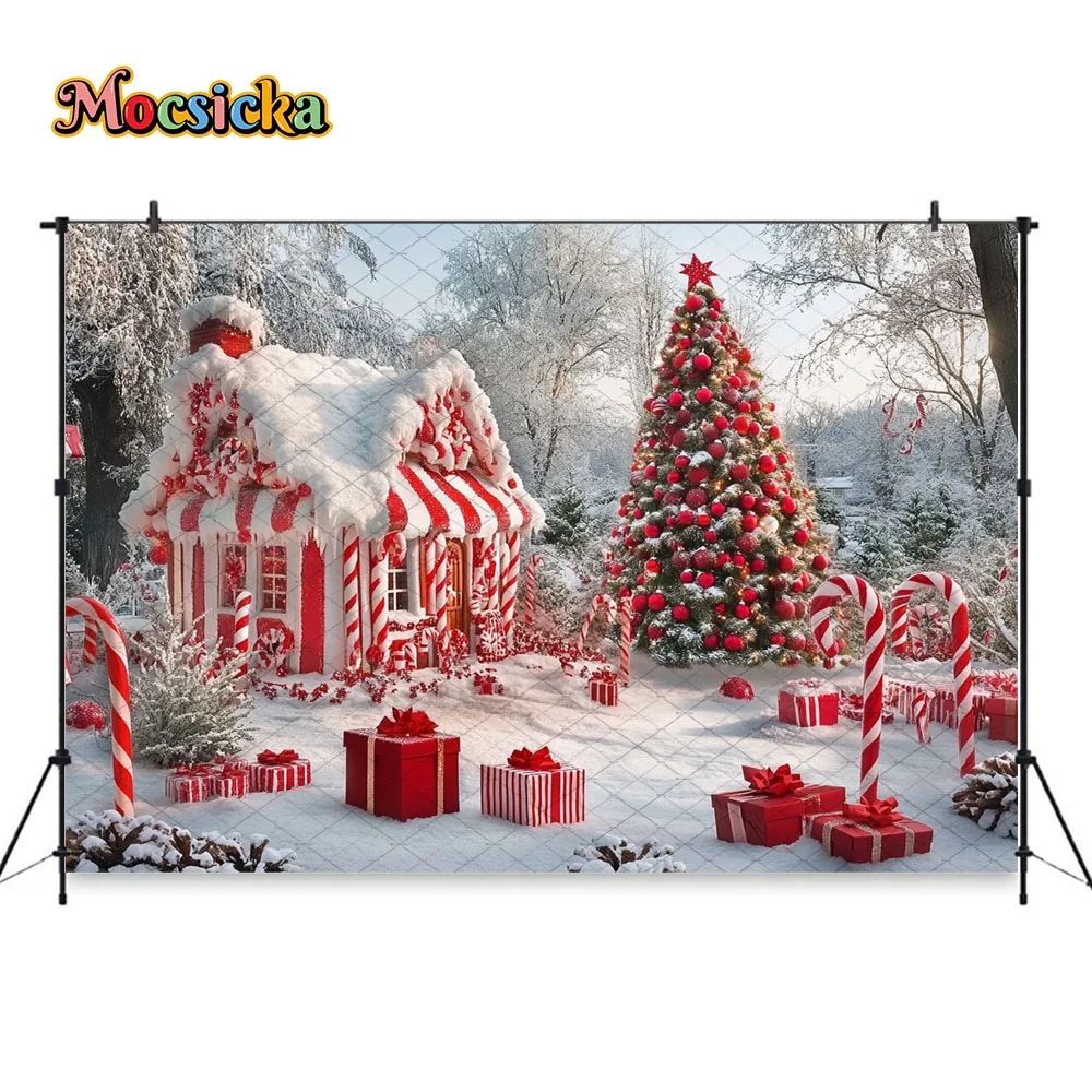 Mocsicka الأحمر عيد الميلاد قصب الحلوى خلفية التصوير الثلجي شجرة عيد الميلاد الغابات خلفية الشتاء الاطفال عيد ميلاد فوتوزون الاستوديو