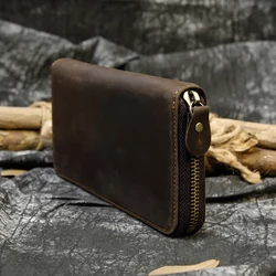 Crazy Horse Leather Wallet Men Clutch Purse Double Zipper 24 Card Holders Vintage Billetera Genuine Leather Long Wallets