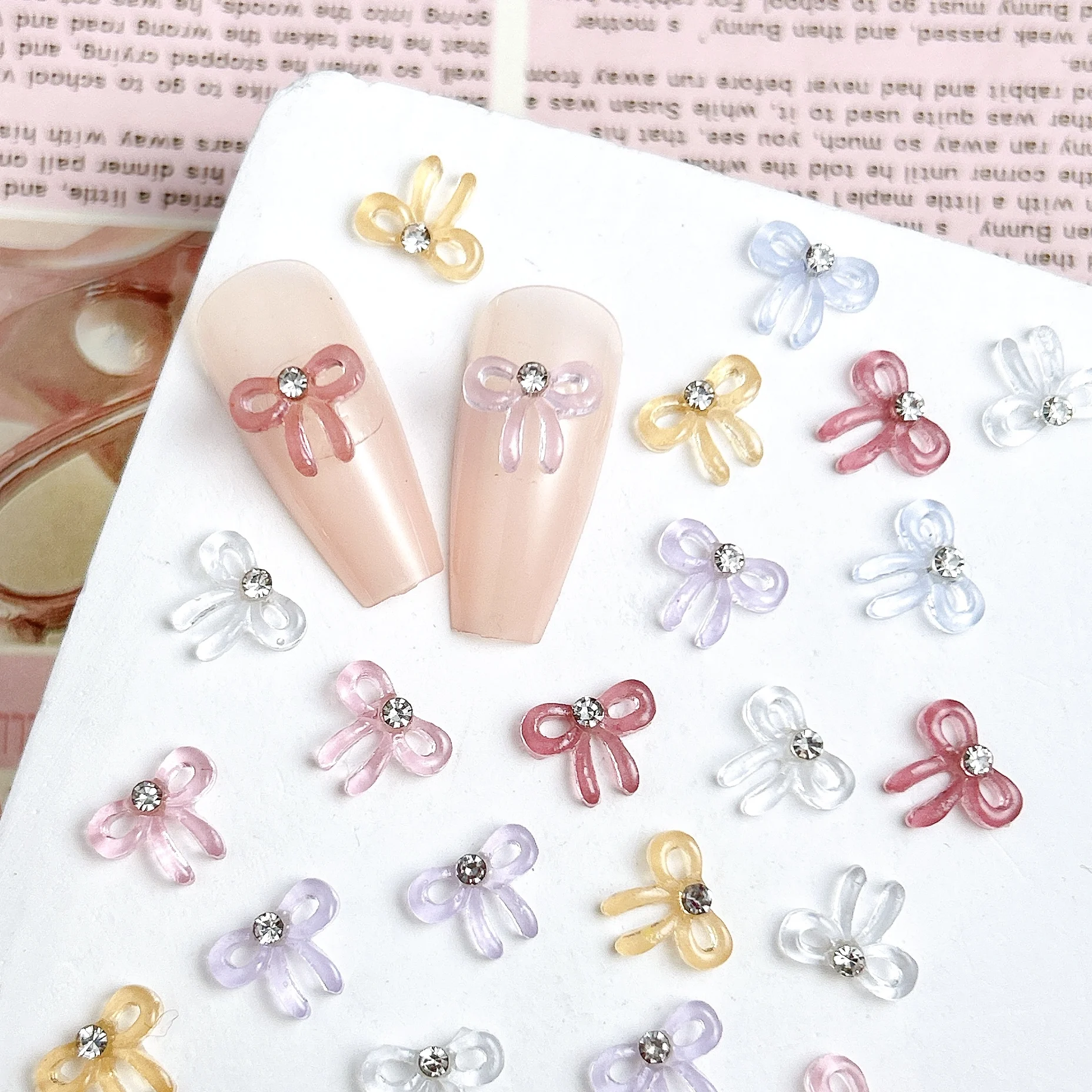 50PCS Solid Color Minimalist Bows Nail Charms Translucent Jelly Bowknots Mini Rhinestones Inlaid Nail Art Decorations for DIY