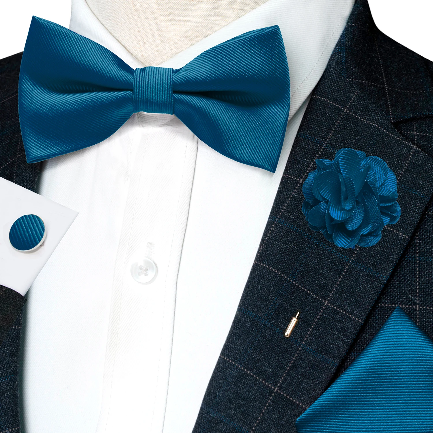 Hochzeits-Fliege für Herren, einfarbig rosa, vorgebundene Fliege, Einstecktuch, Manschettenknöpfe, Corsage-Set, Party, Business, Seiden-Schmetterlingsknoten, Geschenk – Detail 19