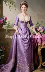 Victorian Fantasy Lilac Purple Prom Dress Luxurious V-Neck Half Sleeve Corset Satin Pleated Floral Embroidery Medieval Ball Gown