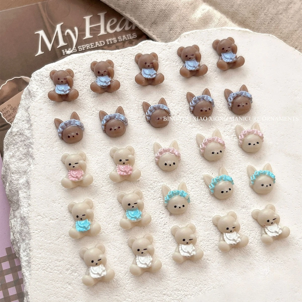 60Pcs Apron Bear Cartoon Nail Charms Cute 3D Cream Bear Resin Rhinestones DIY Press On Nails Manicure Decor Supplies