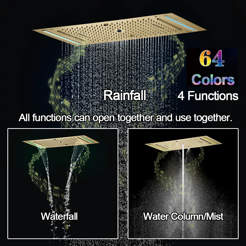 Gold Romantic Twin Shower Recessed showers full set system Ceiling 638*338 LED Music Thermostatic Brass Mixer Bathroom Hotel Spa