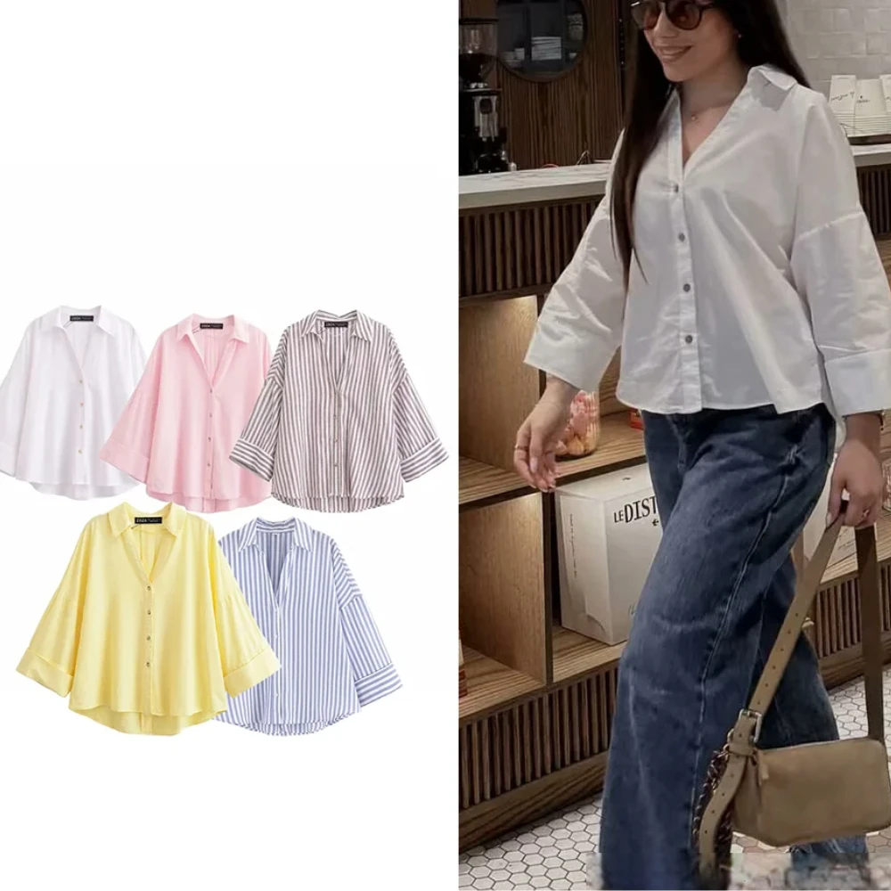 

Women Casual Loose Shirt Lapel Buttons Wide Sleeve Shirt 2025 New Spring Autumn Minimalist Holiday Versatile Shirt