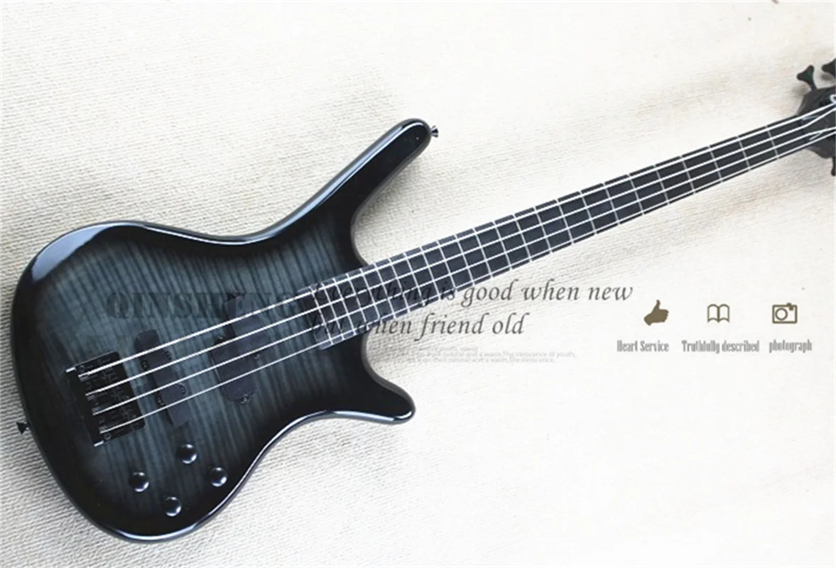 4 String Electric Bass Black W Bass Tiger Top Maple Wood Rosewood Fingerboard Fixed Bridge Black Tuners