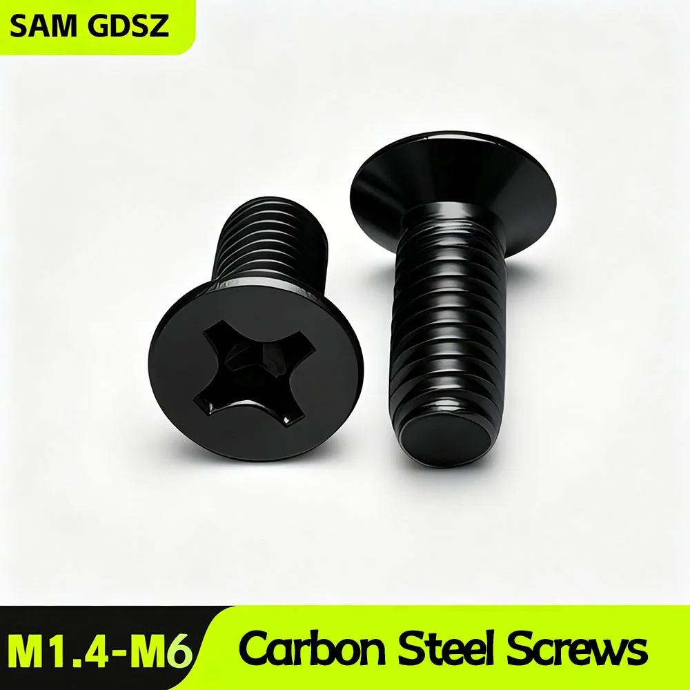 10-100pcs M1.4 M1.6 M2 M2.5 M3 M3.5 M4 M5 M6 Mini Micro Black Carbon Steel Cross Phillips Flat Countersunk Head Screw Bolts