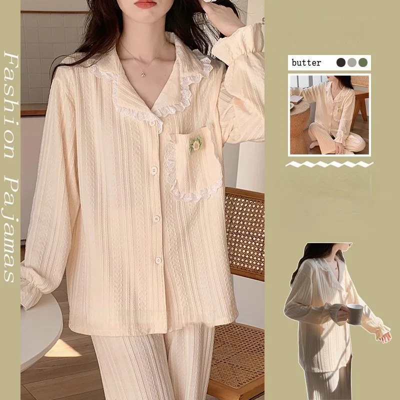2024 New Pajama Girl Spring Autumn Pure Cotton Sleepwear Long Sleeved Cardigan Loungewear Sweet Girl V-neck Lace Homewear Set
