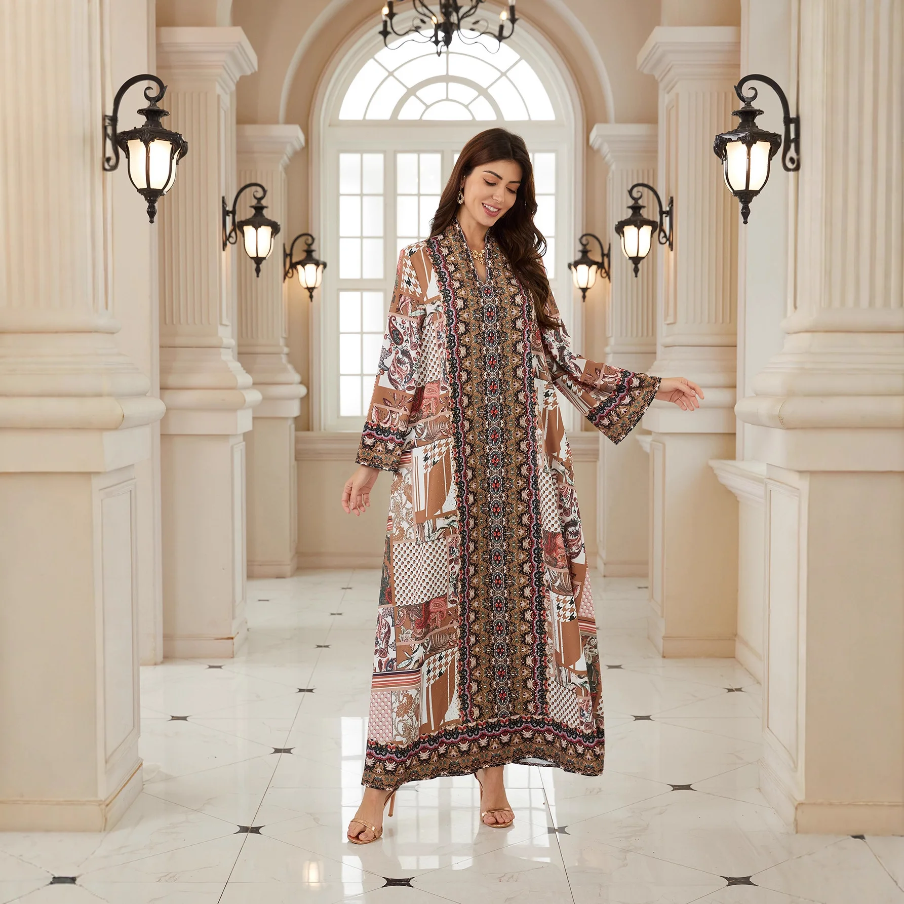 

Женское платье-кафтан для Ид, мусульманское платье-джалабия с принтом, дубайская абайя, праздничные платья, кафтан с бриллиантами, платья для Рамадана, марокканский длинный халат