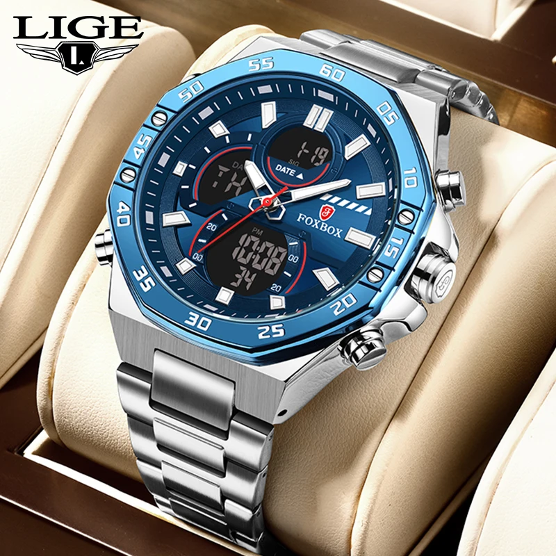 LIGE Luxury Watch Men Digital Dual Display Chronograph Military Sport Mens Watch Waterproof Calendar Quartz Watches Reloj Hombre