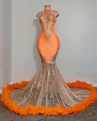 Orange Sparkly Prom Dresses 2025 Black Girl Luxury Mermaid Halter Gold Beads Feather Formal Evening Party Gala Gowns Graduation
