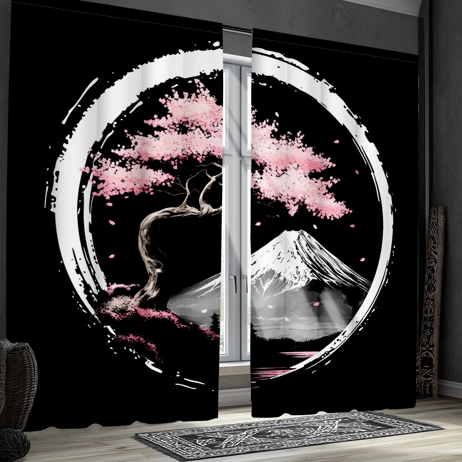 2pcs Japanese Cherry Blossom Fuji Mountain Print Curtains Zen Art Pattern Polyester Window Drapes for Living Room Bedroom Decor