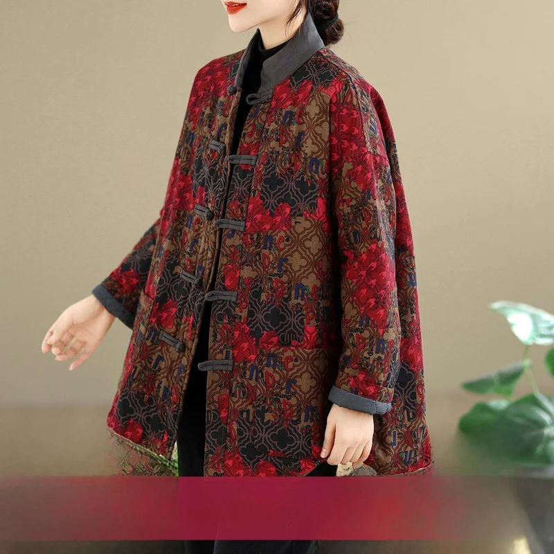 

Хлопковое джето Thiened с пуговицами для мамы, зимнее теплое этническое свободное хлопковое пальто в китайском стиле, антивозрастная верхняя одежда