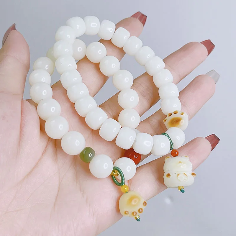 

Charcoal Cat's Paw Bracelet Female Fortune Cat Pendant Niche White Corypha Umbraculifea Beaded Bracelet Buddha Beads Bracelet