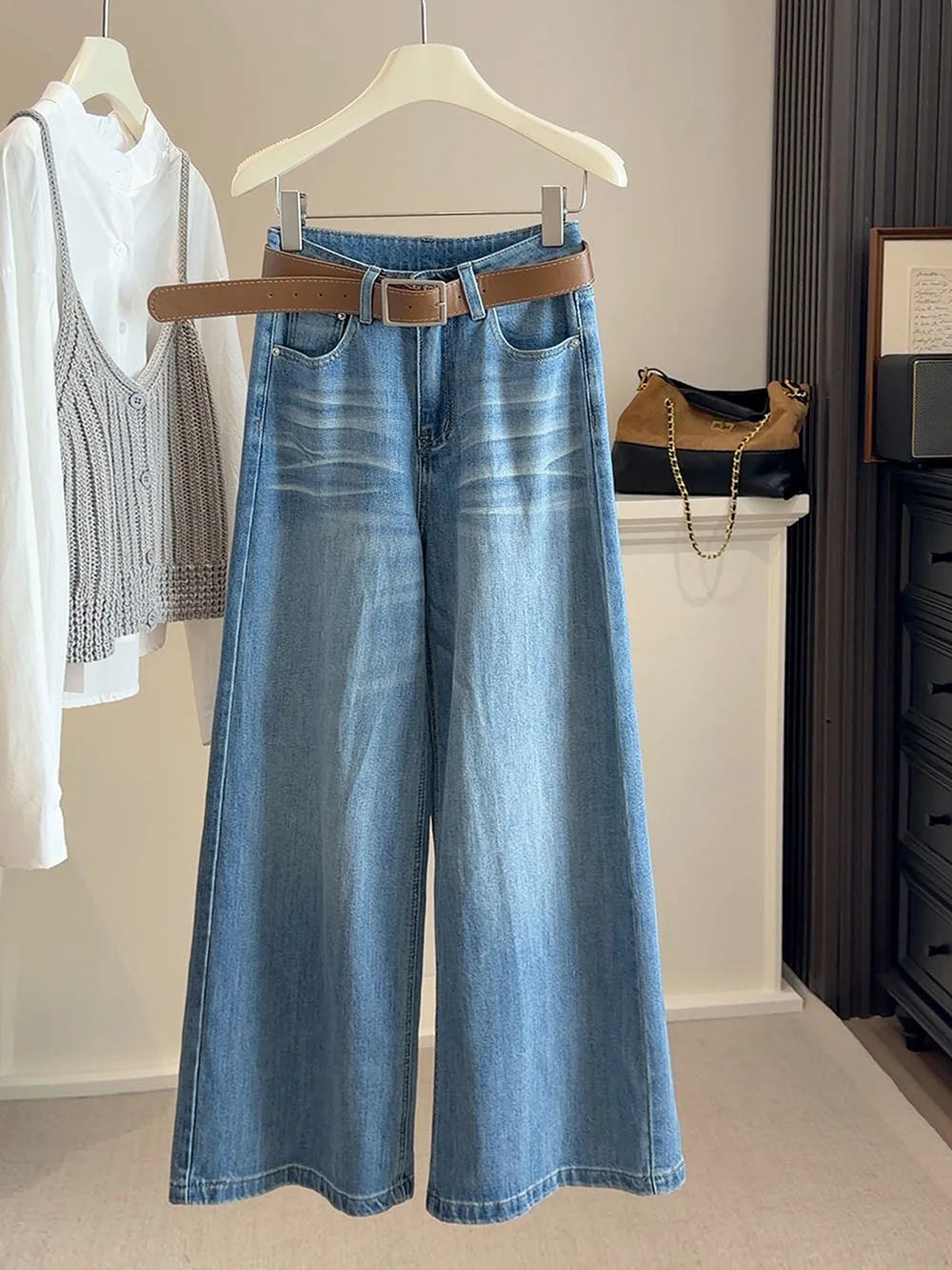 

Новые женские джинсы с высокой талией, широкие прямые брюки, синие, с эффектом потертости, повседневная женская одежда