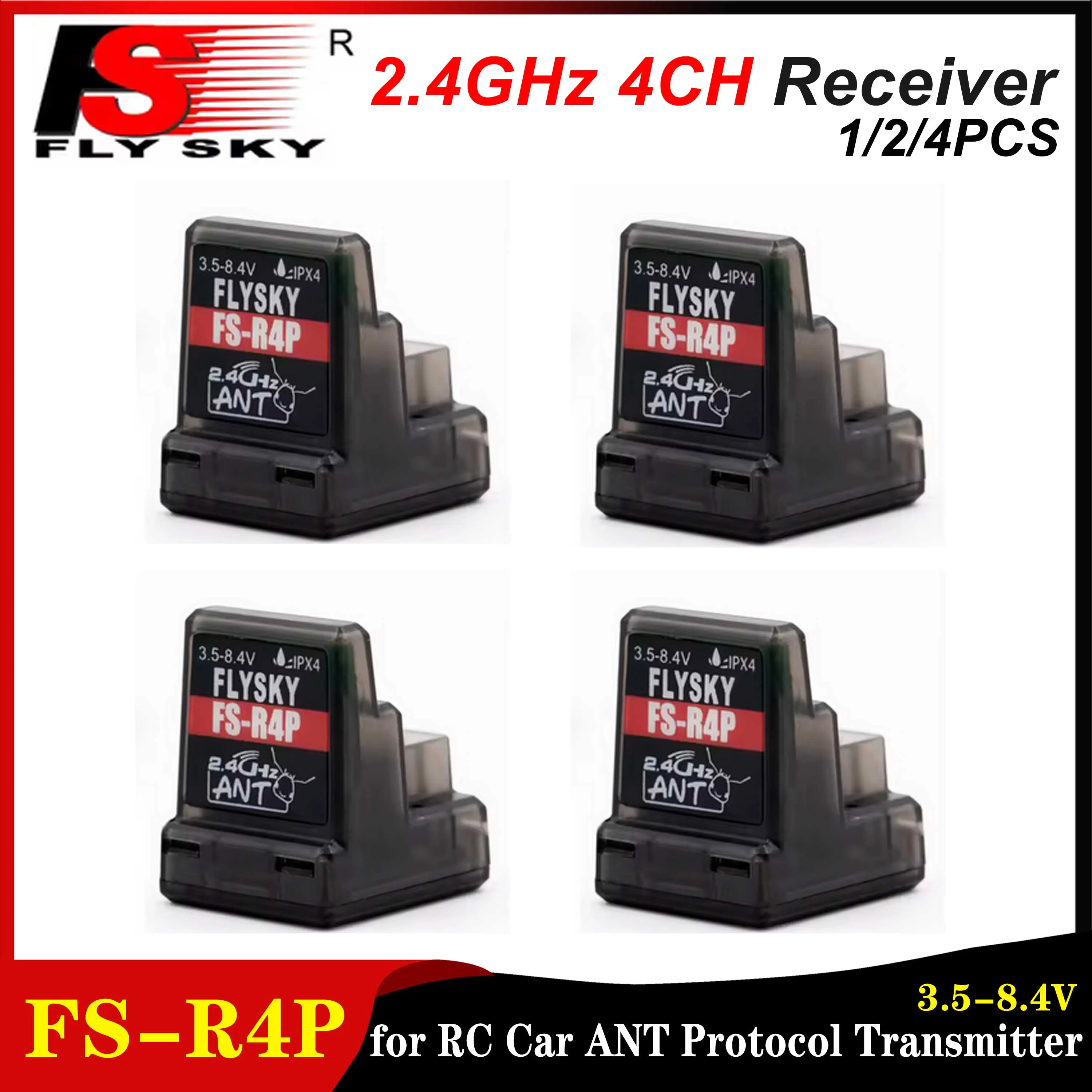 

FLYSKY FS-R4P 2.4GHz 4CH Waterproof Receiver 3.5-8.4V Built-in Single Antenna for RC Car ANT Protocol Transmitter FS-G7P FS-ST8