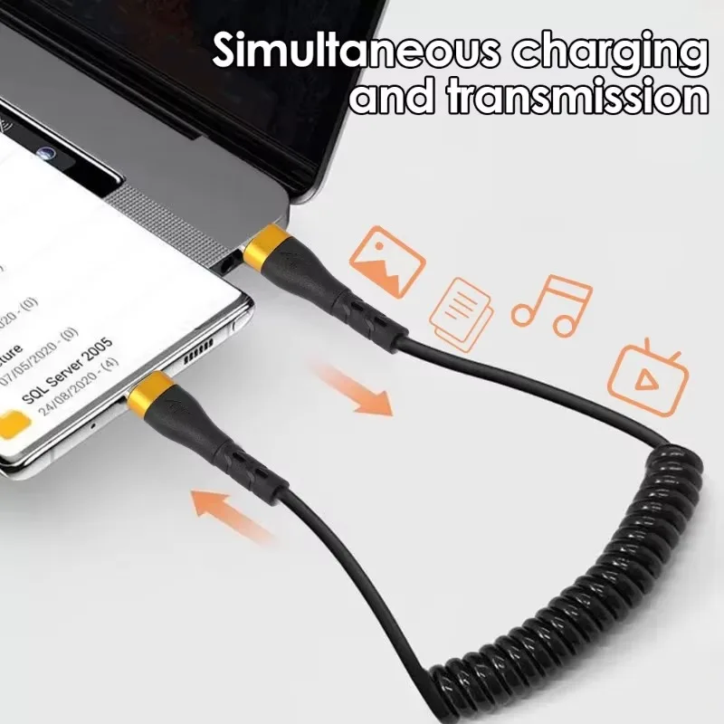 PD120W Fast Charging Coiled Dual USB C Cables Flexible Spring Type C To C Charger Wire Cord for iPhone 16 Pro Samsung Xiaomi