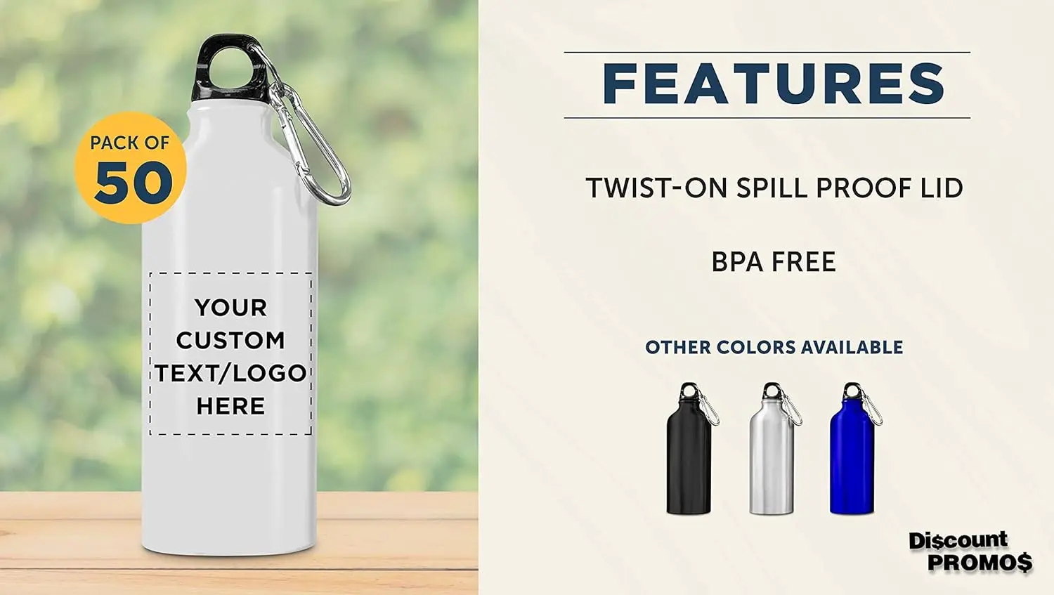 PROMOS Custom Aluminum Water Bottles 20 oz. Set of 50, Personalized Bulk Pack - Perfect for Gym, Hiking, and Any Indoor/Outdoor