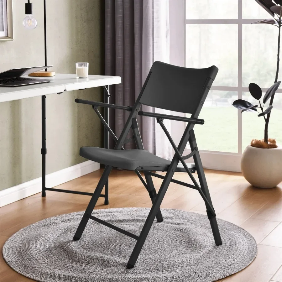 2-pack of black commercial plastic folding chairs with armrests for indoor and outdoor use, lightweight design, easy to clean