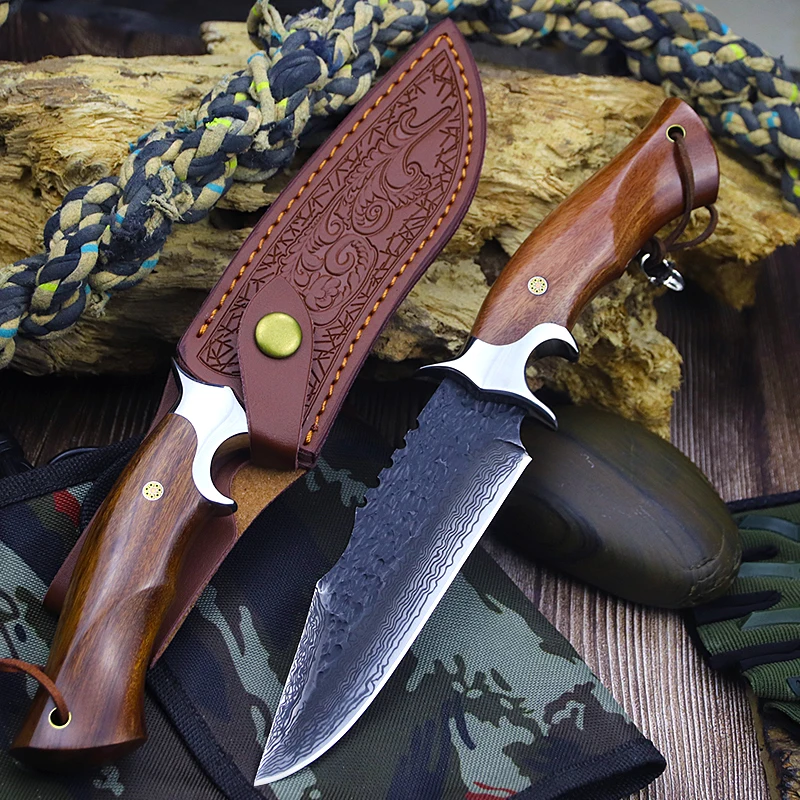 

Damascus steel Rosewood Handle High hardness Outdoor survival small straight knife Mountaineering camping multi-function knife