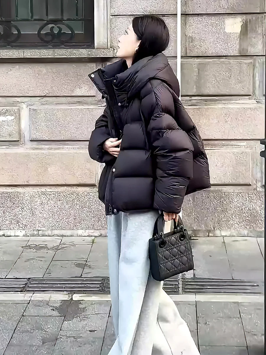 여성용 오트 화이트 다운 재킷 후드 스트링 따뜻한 패셔너블 겨울 아우터웨어 출퇴근용 2024 신상품