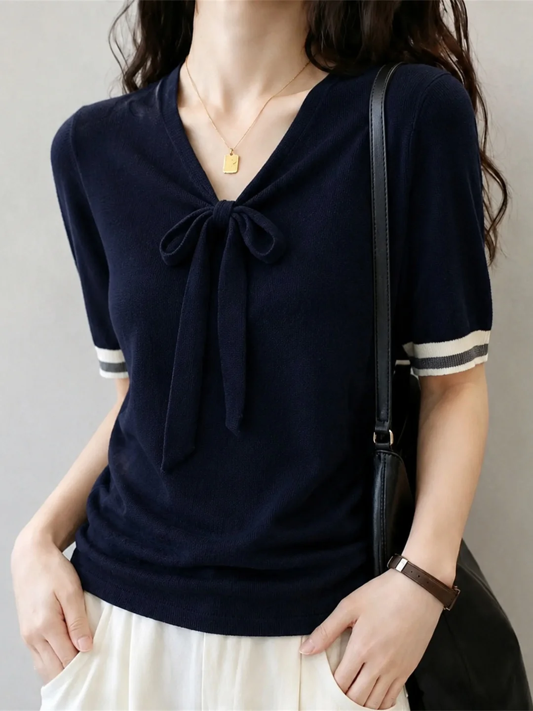

Elegant V-Neck Knot Ice Silk Knitted Top Fashionable Sun Protection Women's Summer Breathable Comfortable Regular Fit Commute...