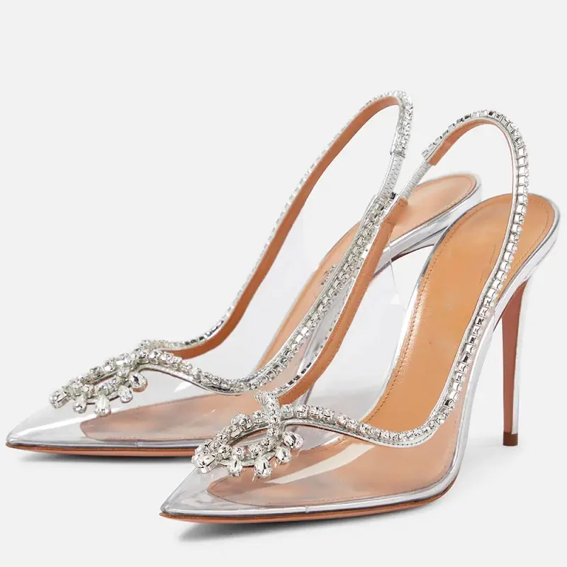 PVC Transparent Silver Clear Rhinestone High Heels Women Pumps Fashion Sling Backs Thin Heels Party Bridal Wedding Sandals Shoes