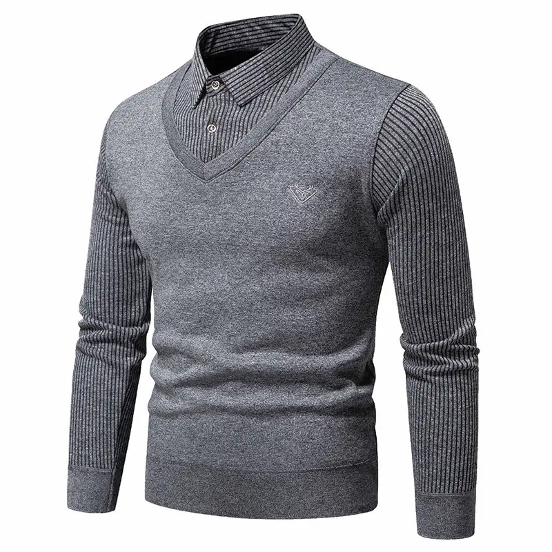 Autunno Inverno Uomo Slim Fit Maglione elastico caldo All'aperto Moda Colletto ribaltabile Top in maglia Nuovo solido falso pullover in due pezzi da uomo
