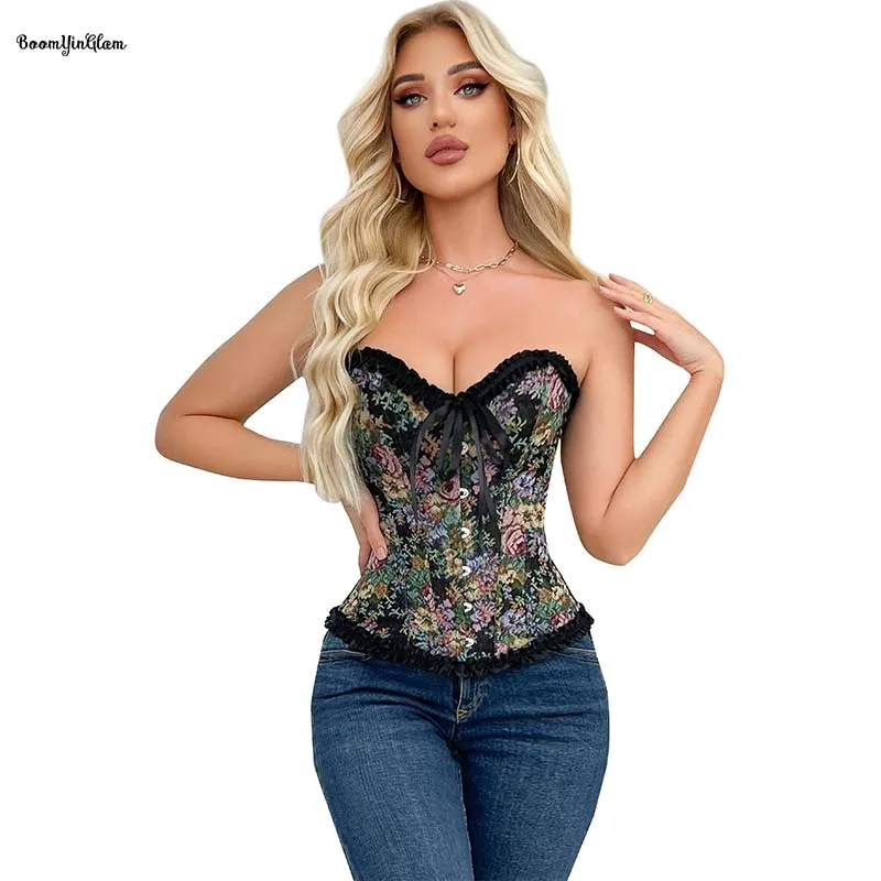 

Black Vintage Renaissance Gothic Corselet Floral Frill Trimmer Boned Corset Top For Women