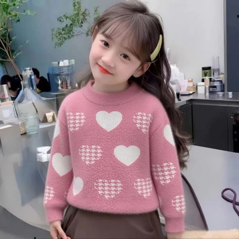 Girls Knitted Sweater Princess Long Sleeve Sweet Heart Pullover Fashion Top for 2-10Year Kids Autumn Winter Clothes