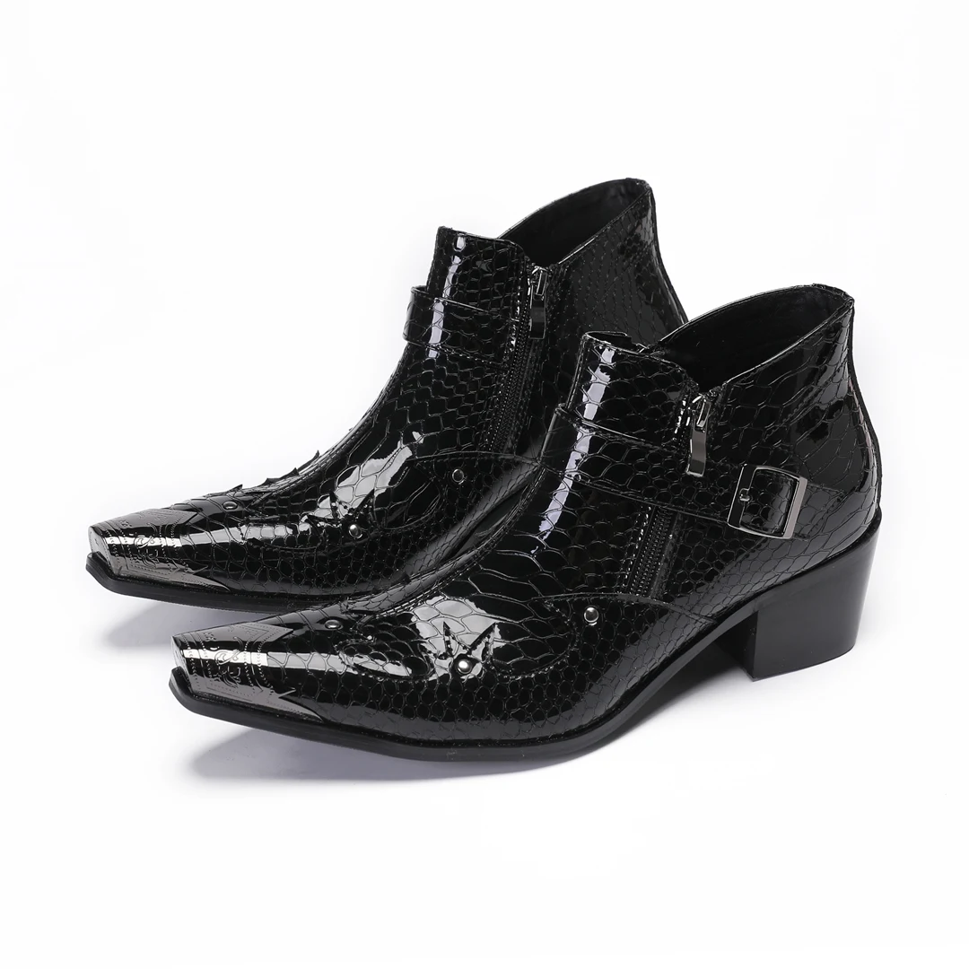 New Style Black Genuine Leather Men Formal Dress Ankle Boots High Heels Zipper Snake Skin Pointed Toe Man Stage Boots