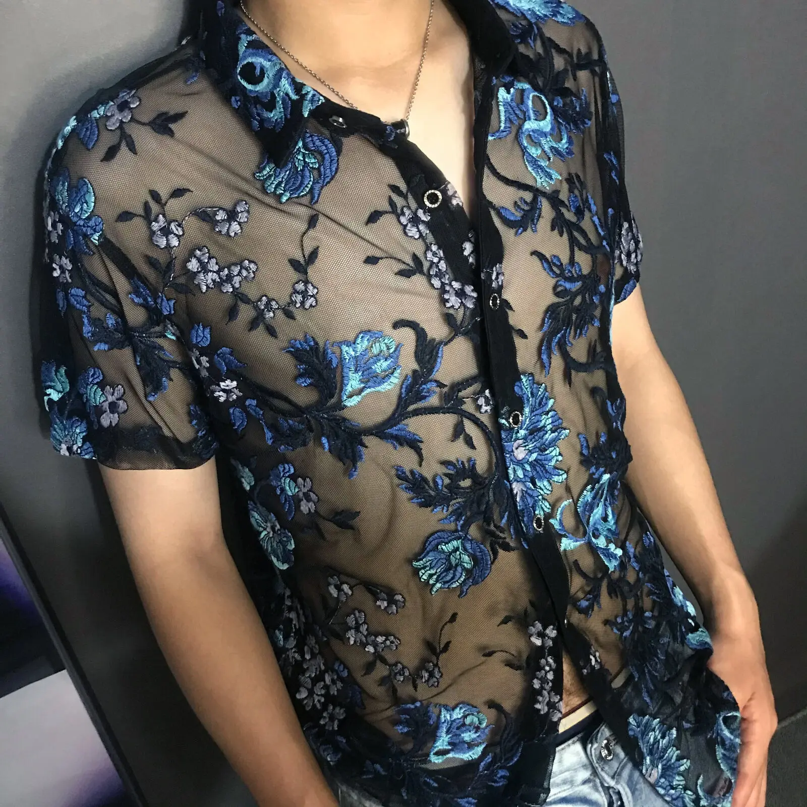 Floral Embroidery Stylish Shirts For Men See Through Short Sleeve Shirt Men Sexy Transparent Shirt Men Shirt Club Designer Shirt