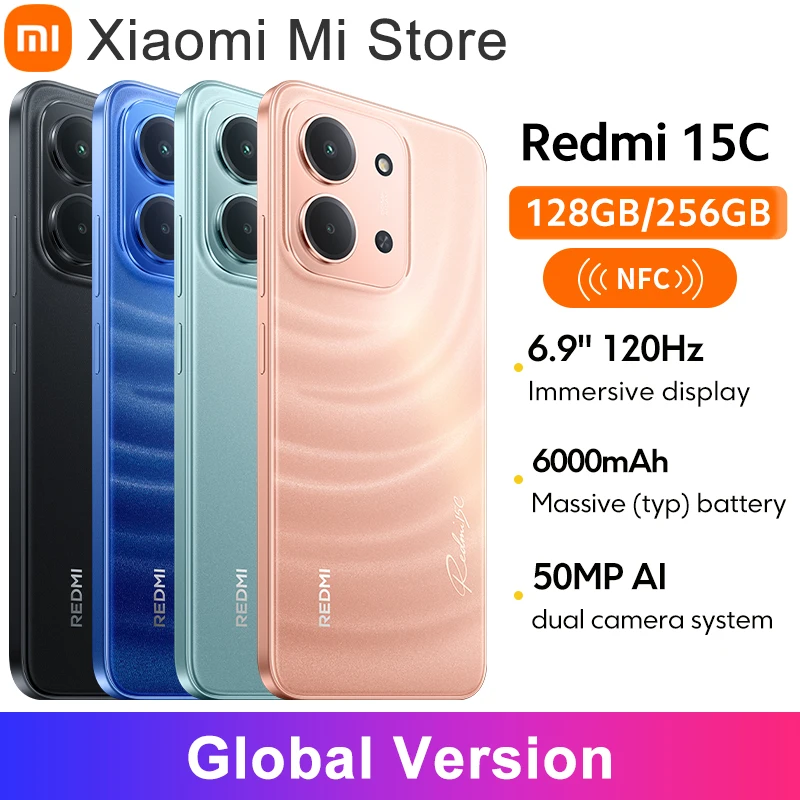 Смартфон Xiaomi Redmi 15C Global Version с 120Гц 6.9-дюймовым дисплеем Dot Drop, основной камерой 50 МП, зарядкой 33 Вт и процессором MediaTek Helio G81-Ultra