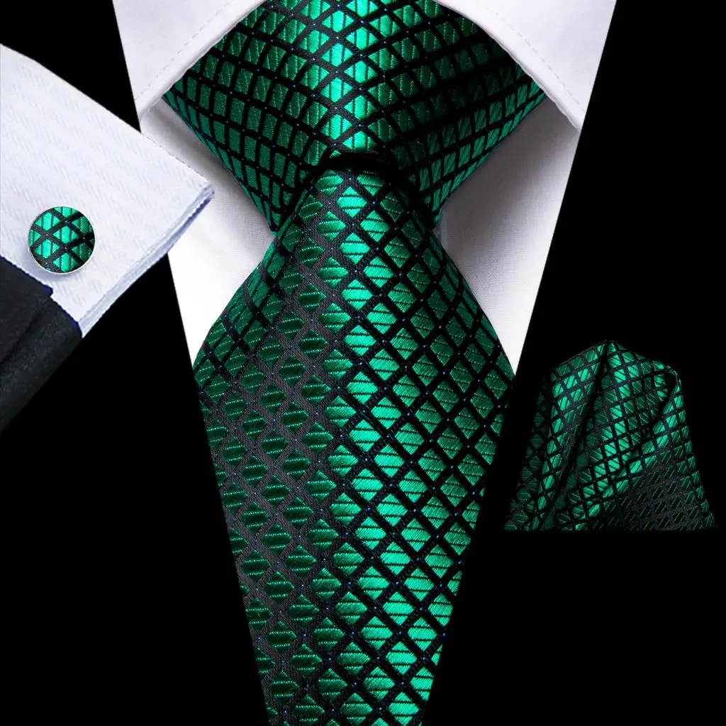 

Green Black Plaid Silk Wedding Tie For Men Handky Cufflink Gift Mens Necktie Fashion Design Business Party Dropshiping Hi-Tie