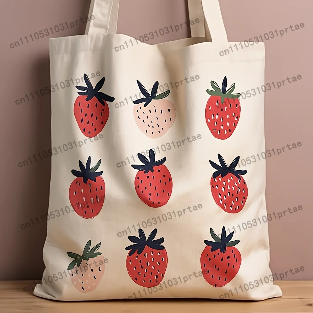 Strawberry Print Canvas Tote Bag - Leak-proof Design, Reusable Shopping Bag, Durable Polyester Canvas Shoulder Bag, Suitable for