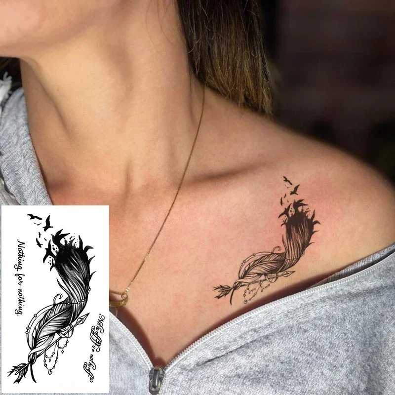 Татуировки-Наклейки-Черное-Перо-Птица-Буквы-Крылья-Поддельные-Татуировки-для-Женщин-Мужчин-Макияж-Флэш-Рука-Тату-Временные-Водонепроницаемые-Боди-Арт
