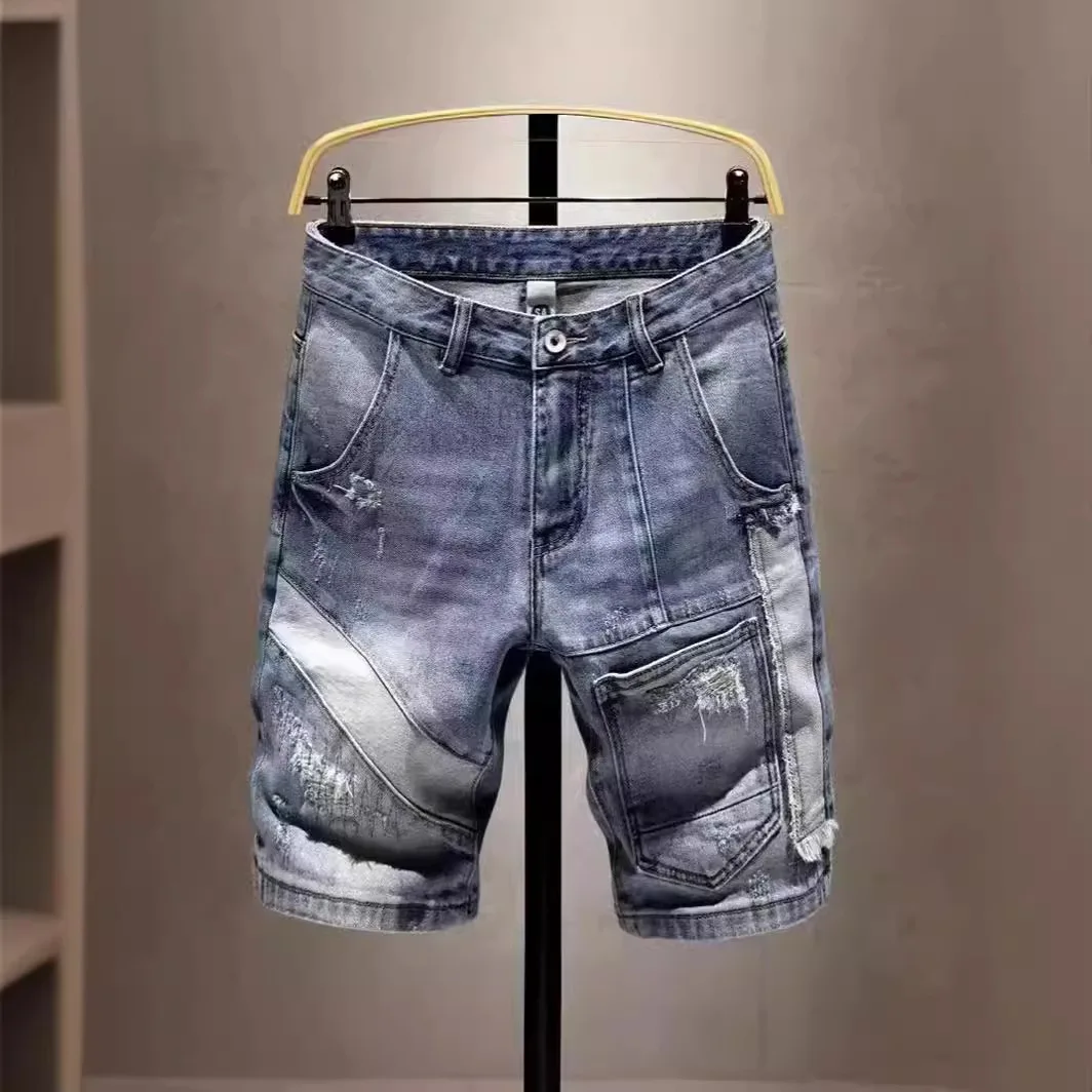 

Summer Men's American Vintage Washed Light Blue Hole Patched Denim Shorts Casual Trendy Knee Length Loose Straight Denim Shorts