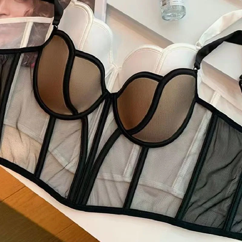 French Sexy Ladies Transparent Mesh Corset Shaper Thin Bra Set Night Club Sweet Cropped Top Girls Hot Bra and Panties Bralette