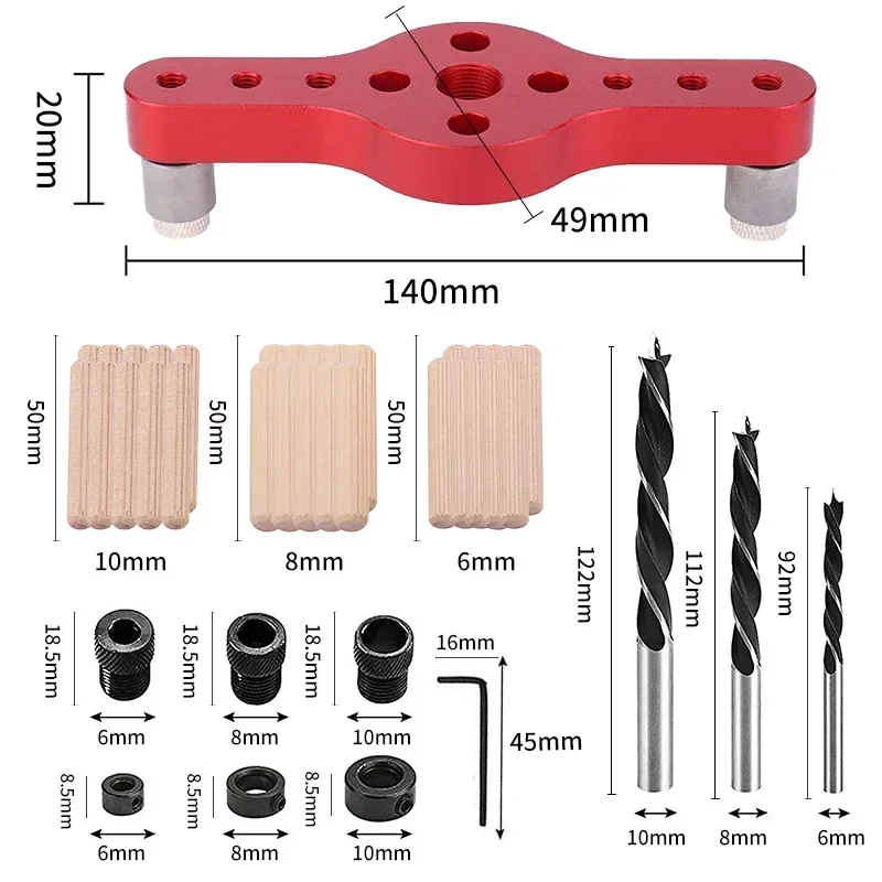 Alloy Dowel Jig Vertical Pocket Hole Jig Woodworking Self Centering 6/8/10mm Drilling Locator Wood Dowelling Drill Guide Kit