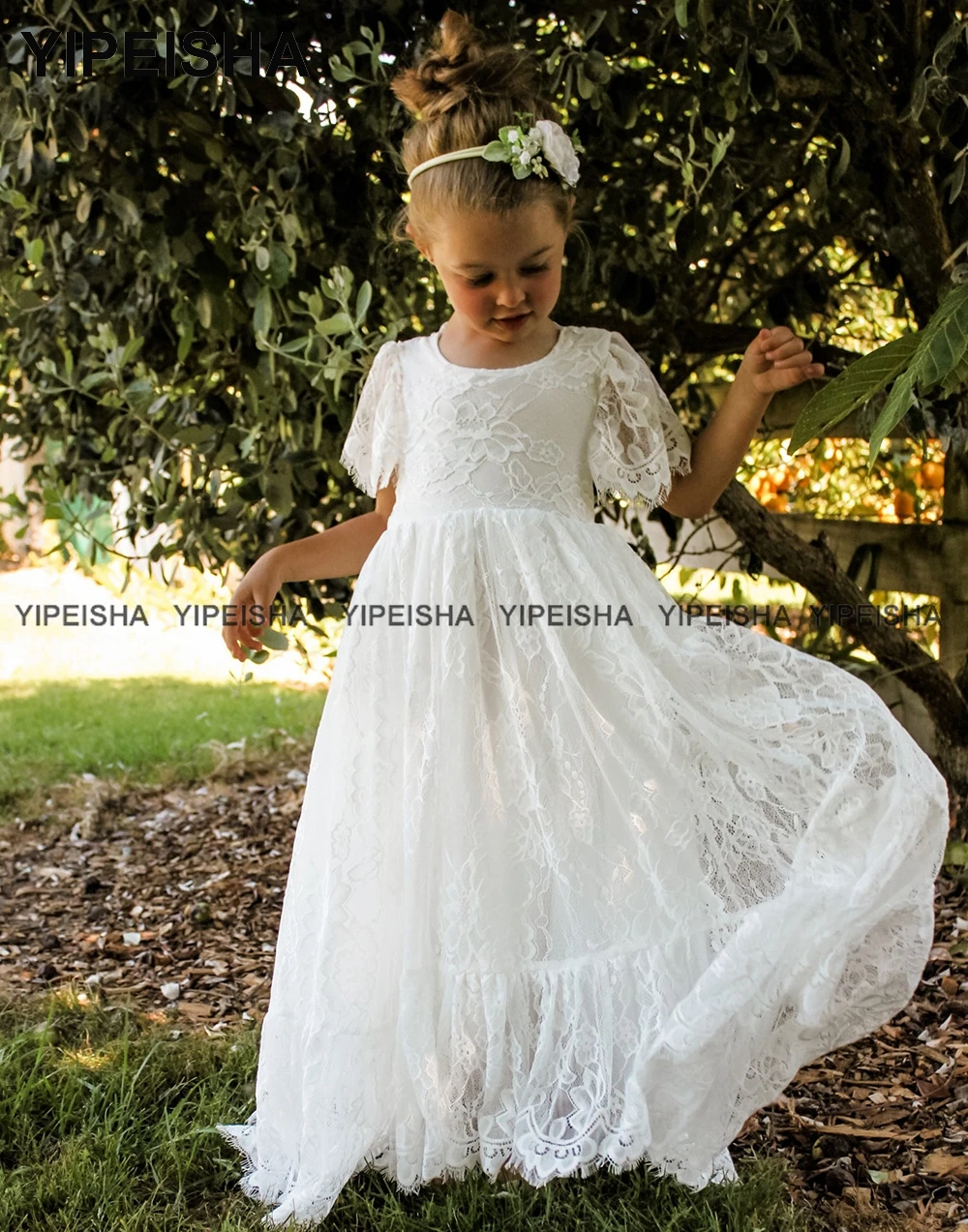 Yipeisha-vestido de encaje de flores para niña, vestido largo hasta el suelo, manga corta, primera comunión, línea A, fiesta Formal para niño