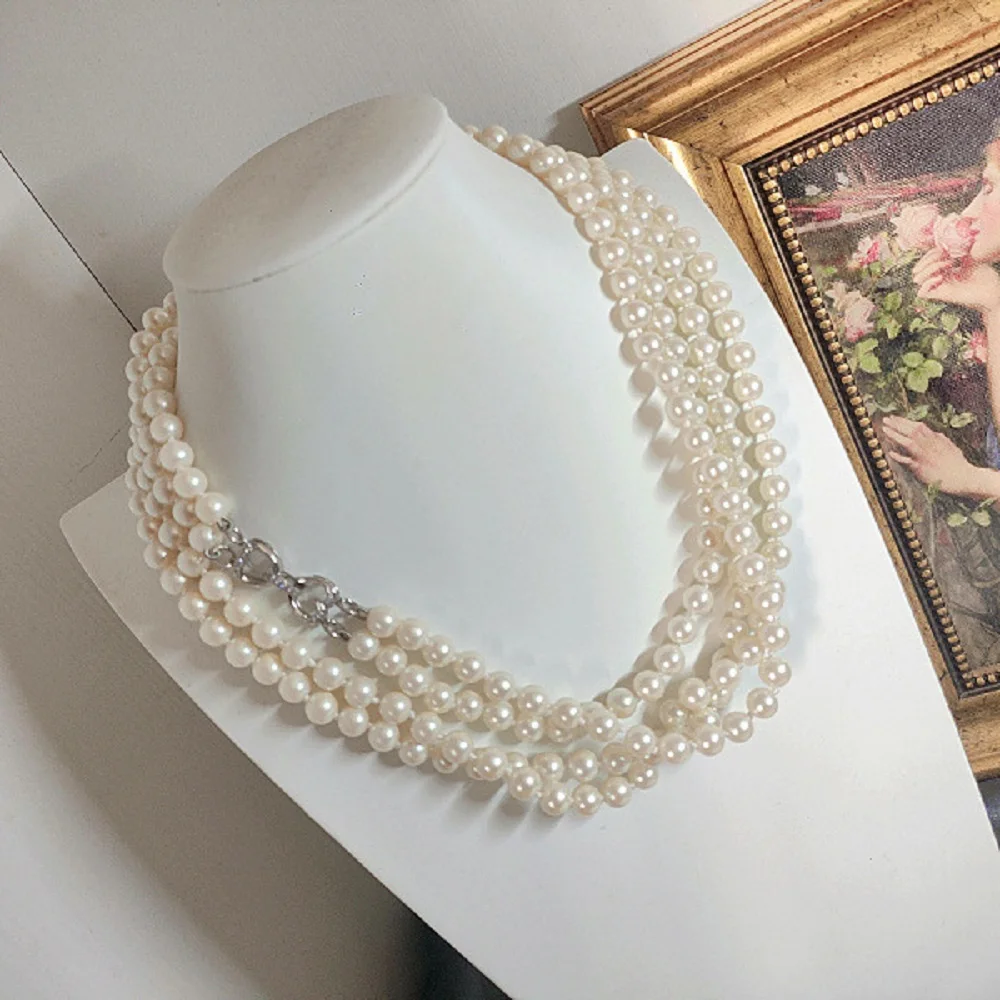 Noble and Elegant Necklace AAA8-9mm Natural Round Japanese Pearl with Multiple Wearing Styles Necklace -925- Double Layer 90cm