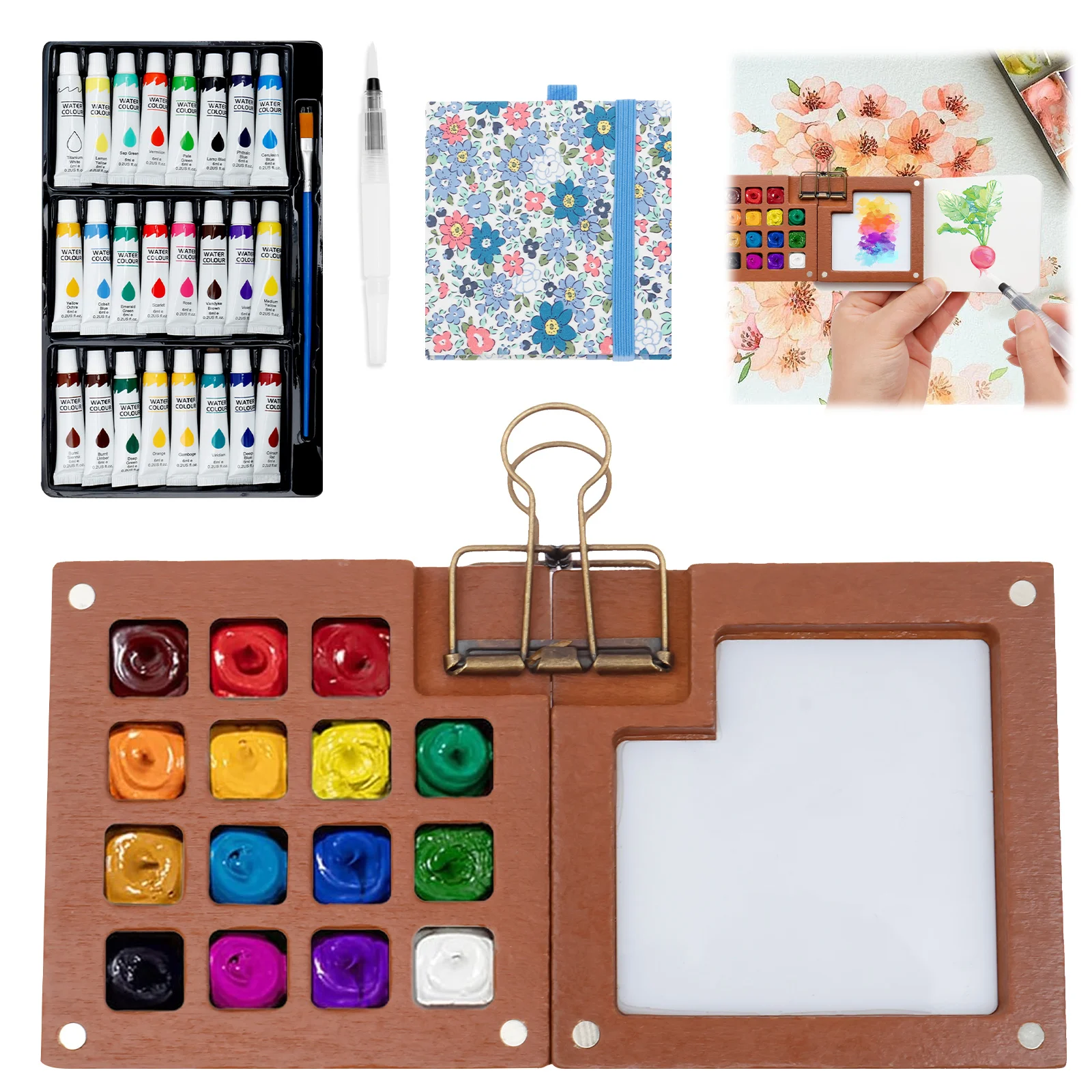 

1 комплект мини-наборов акварельных красок, портативный карманный набор акварельных красок с палитрой 15 сеток, 24 цвета, альбом для рисования и кисть для путешествий