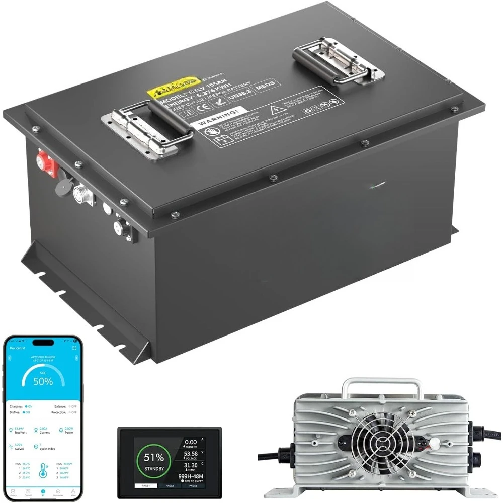 

48V 105Ah Lithium Golf Cart Batteries, Built-in 200A BMS Peak current 1000A with Touch Monitor & Mobile APP