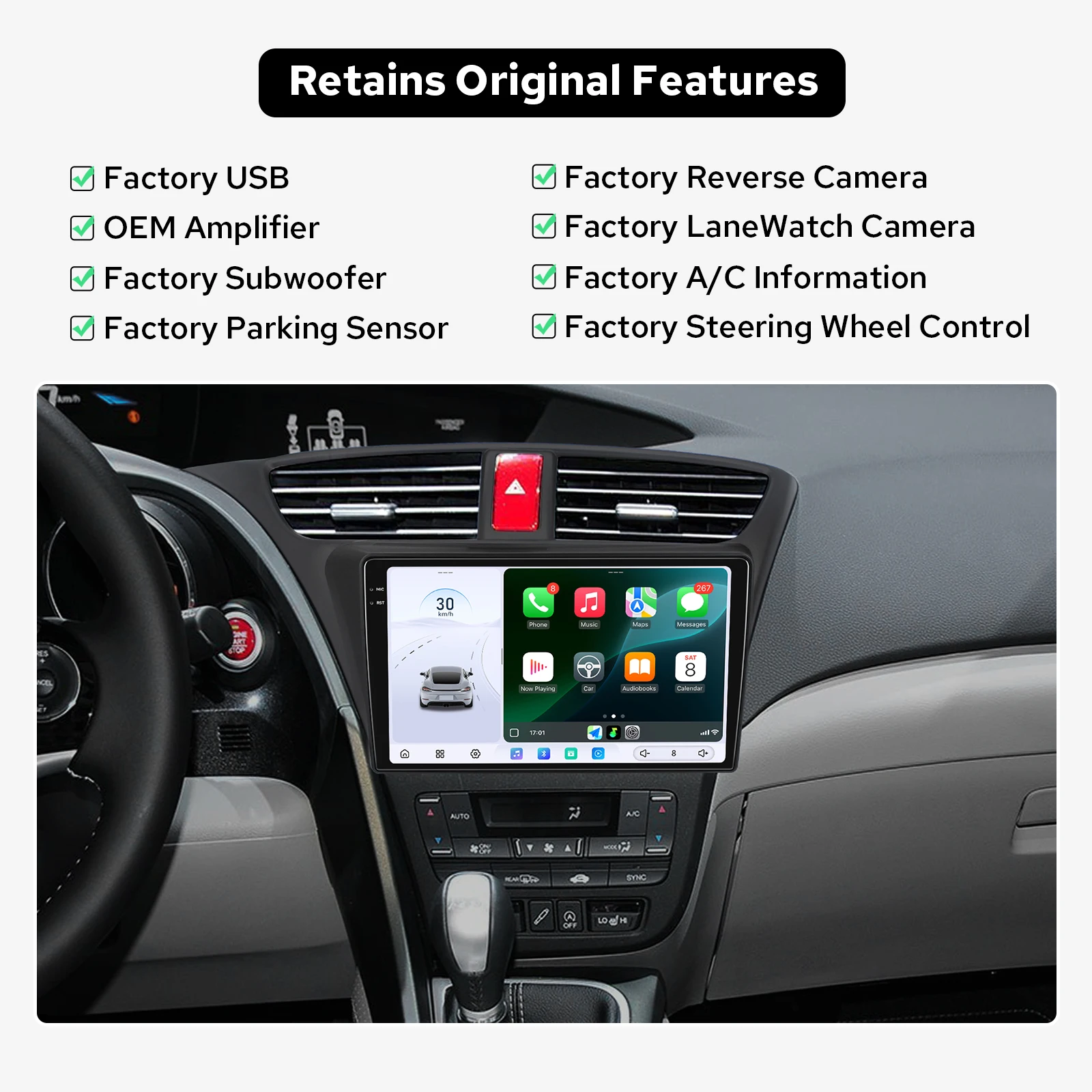 Replacement head unit Multimedia Player for Honda Civic IX Hatchback 2012-2017 LHD 12GB+256GB Car Stereo Dual Bluetooth
