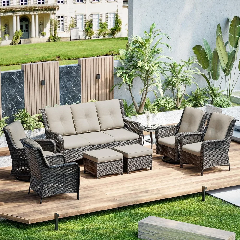 Wicker patio furniture set of 8, 3-seater sofa, 2 swivel rocker chairs, 2 armchairs, 2 ottomans, 1 side table outdoor furniture